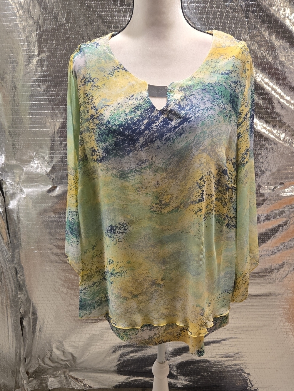 JM Collection Scoop Neck Watercolor Tunic in Yellow, Green & Blue